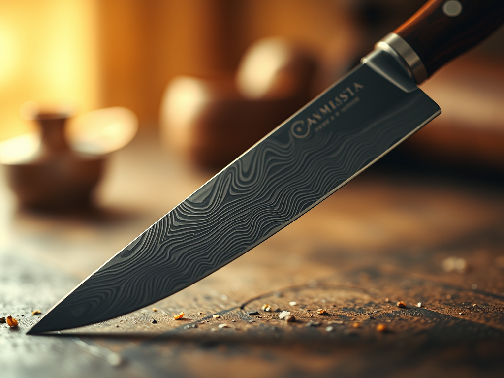 Close-up of a Damascus steel blade showcasing intricate wavy patterns, symbolizing strength and craftsmanship.